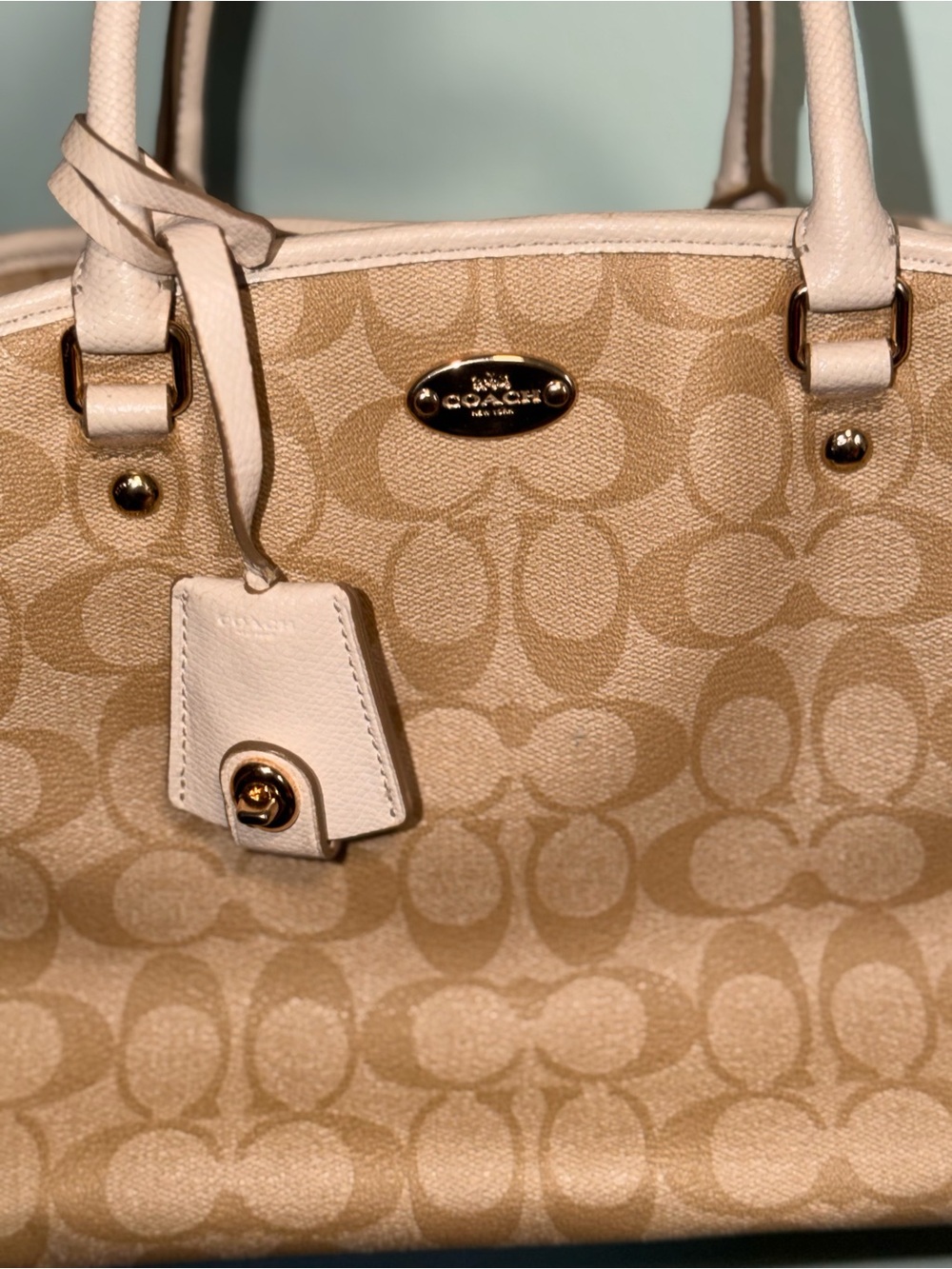 Coach Beige Signature Canvas Tote with Cream Trim